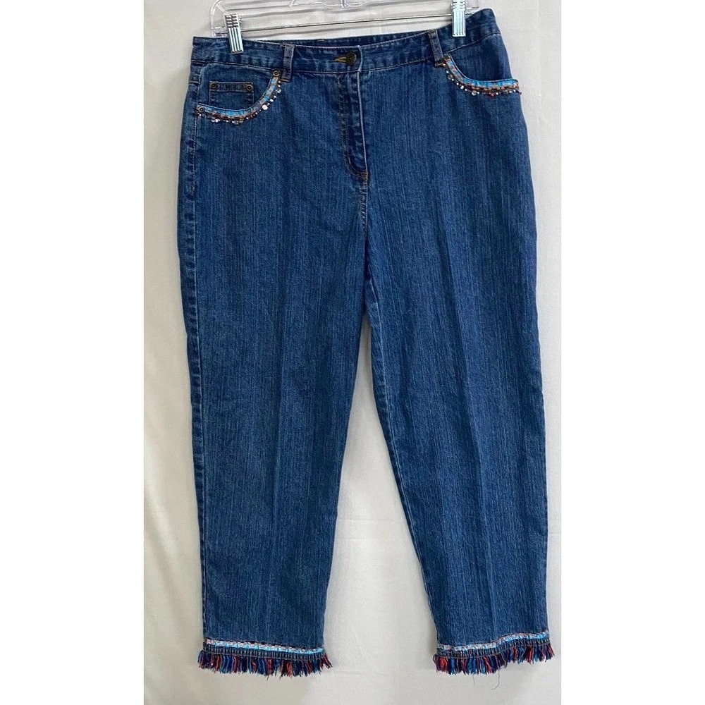 Ruby Rd Jeans Womens 6 Blue Denim Beaded Pockets Fringe Hem Straight Leg Casual